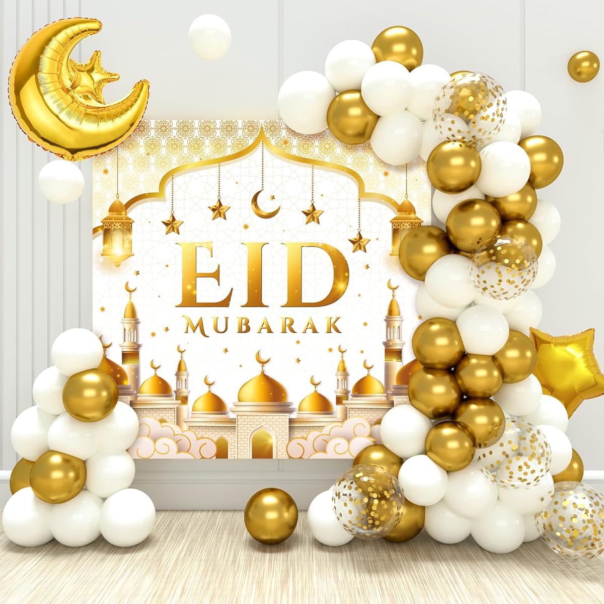 Eid Ramadan Decorations - 70 Pieces White Gold Ramadan Confetti Balloons with Mubarak Moon Stars Foil Balloons Eid Party Supplies Eid Decor Banners for Eid al-Fitr al-Adha Decorations
