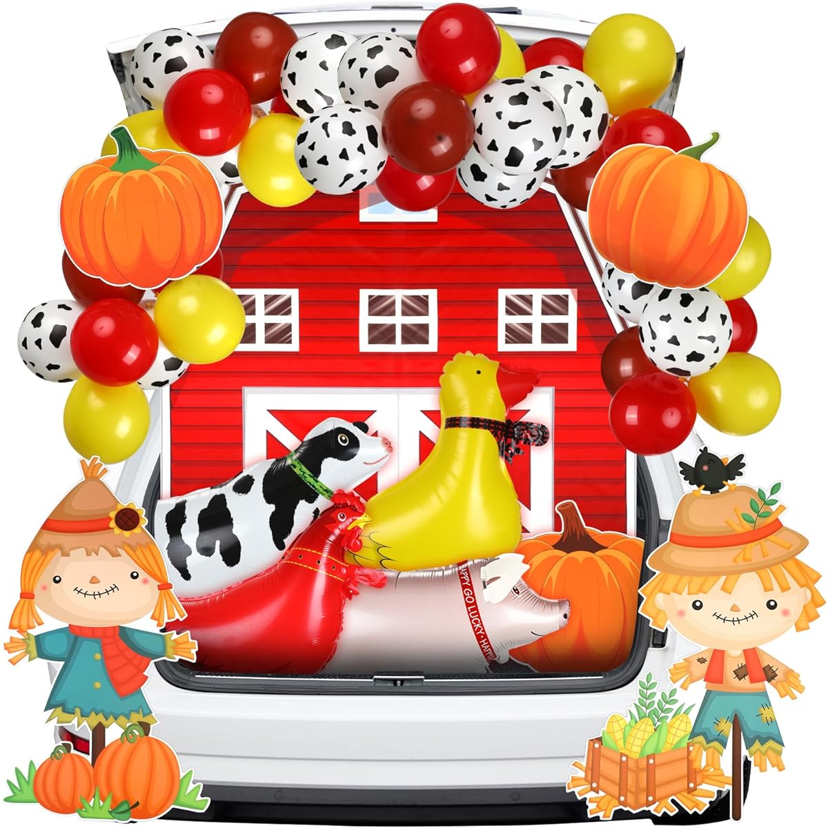 Libima 80pcs Halloween Farm Theme Trunk or Treat Decoration Car Archway Garage Decoration with Red Farm Backdrop Animal Farmhouse Balloon Card for Halloween Car or Truck Decoration