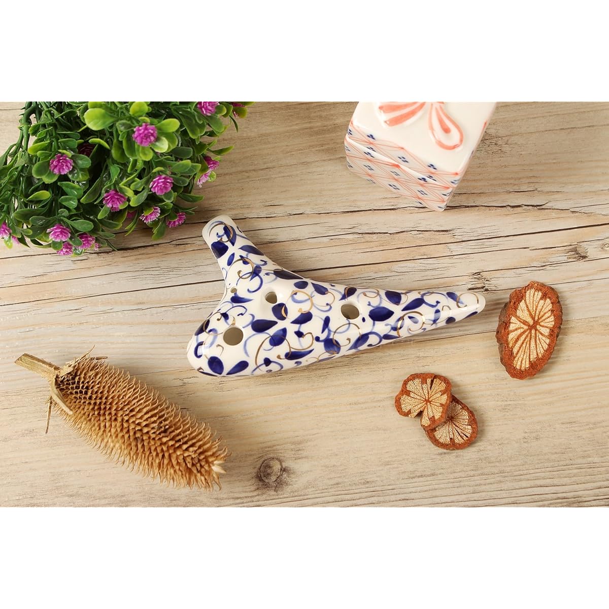 TNG Ocarina Musical Instrument [Soprano/C Key/SC/12 Holes/White & Blue] Luxury Single Ocarina Wind Wind Glaze Finish Blue Flower Porcelain
