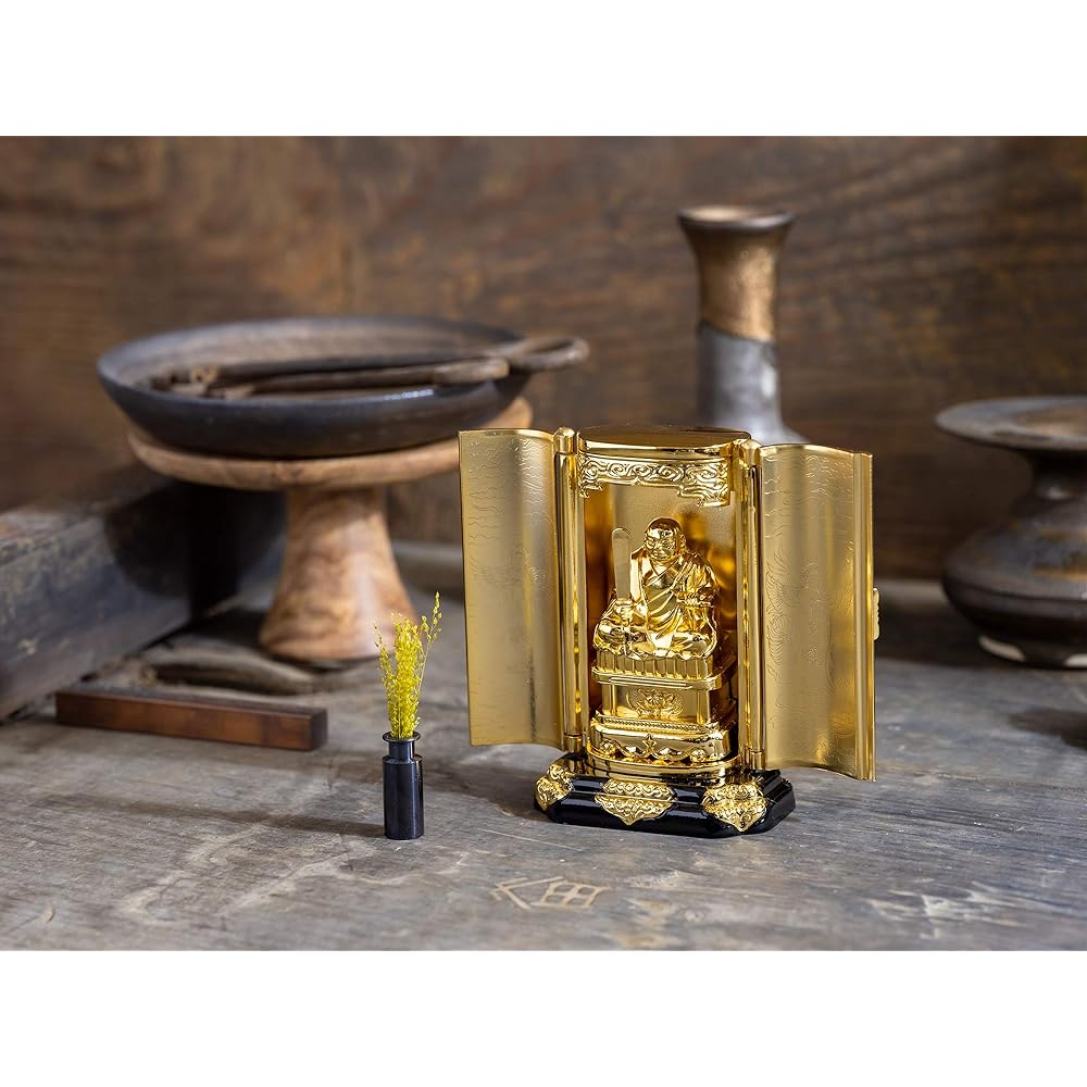 Buddha statue Nichiren Shonin with Zushi (gold plated/24K gold) _ "Nichiren Sect" Rissho Daishi Takaoka copperware (Nichiren Shonin Z)