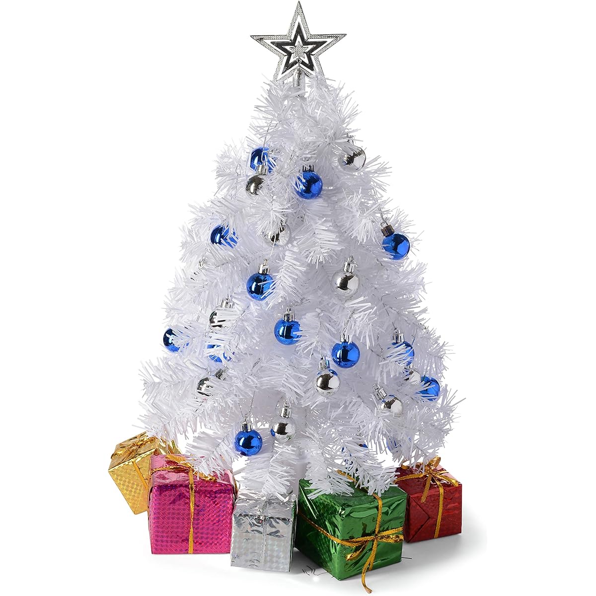 Prextex 23" Mini Pink Christmas Tree with Lights, Ornaments & Gifts - Small Pink Christmas Tree with Lights, Pink Mini Christmas Tree - Warm White LED Lights, Pink
