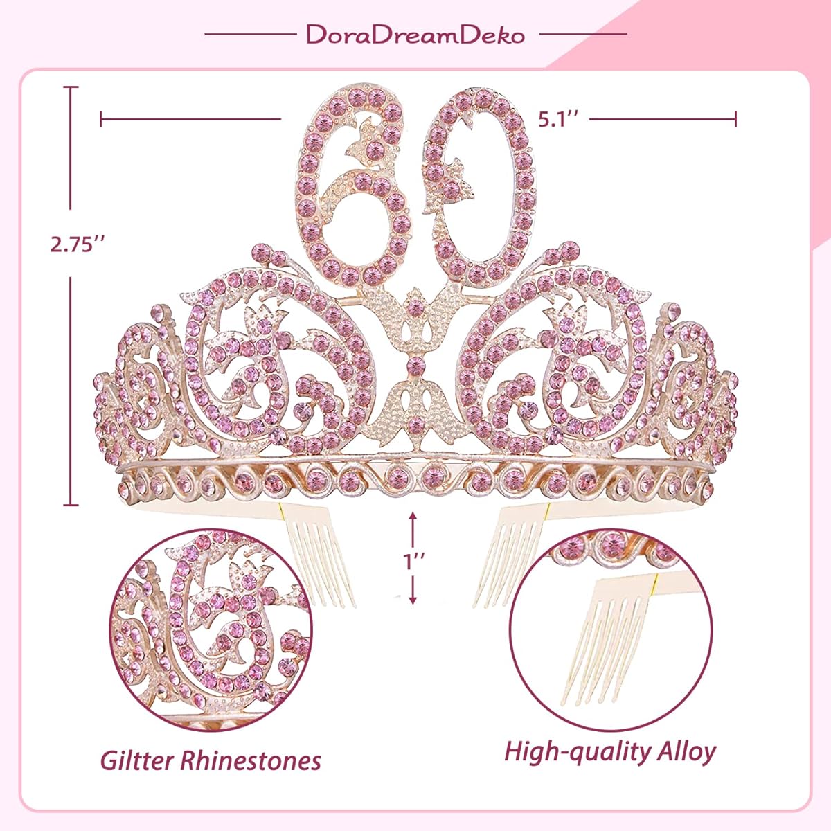 DORADREAMDEKO 60th Birthday Sash and Tiara for Women - Lovely Glitter Sash + Forest Rhinestone Pink Premium Metal Tiara Her 60th Birthday Gift for 60th Party