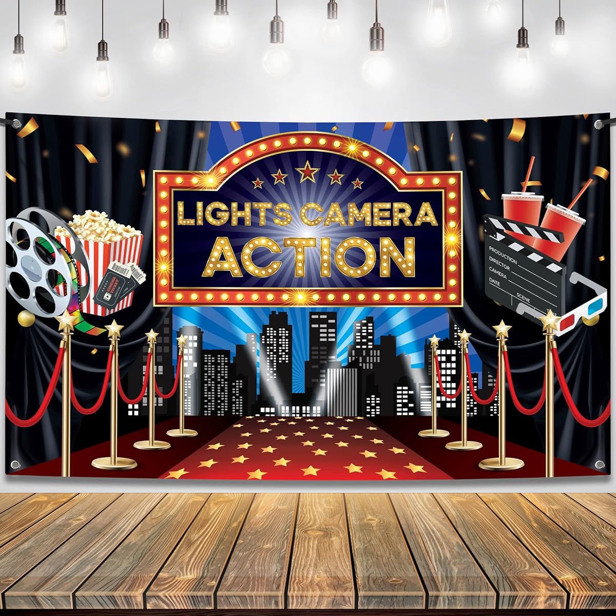 KatchOn, Light Camera Action Backdrop - Large, 72x44 Inches | Movie Theme Party Decorations Oscar Party Decorations | Light Camera Action Decorations | Hollywood Backdrops for Movie Party Decorations