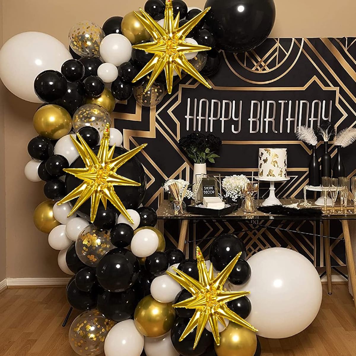 5 Pieces Foil Cone Mylar Balloons,Point Star Balloons Gold and Black Exploding Starburst Balloons 52 Inch Spiked Balloons Party Supplies for Graduation Birthday Bachelorette,Photo Booth