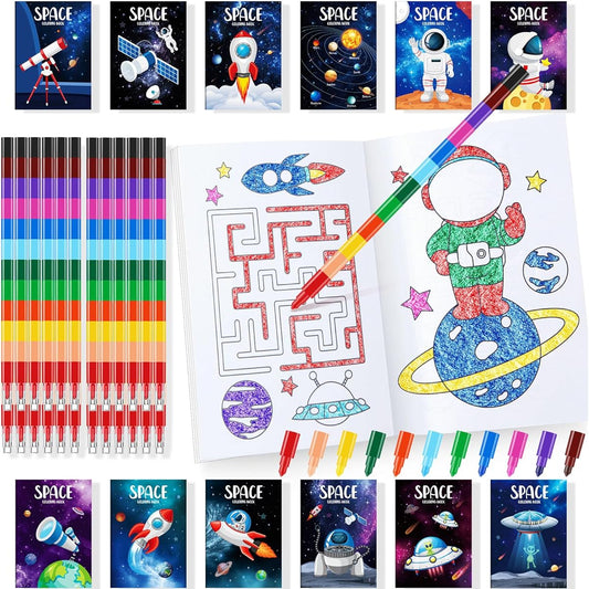 24 Space Coloring Books Party Favors with 24 Crayons Alien Mini Drawing Book for Kids Solar System Astronaut Party Galaxy Birthday Planet Decoration Goodie Bag Gift Stuffer Activity Supplies