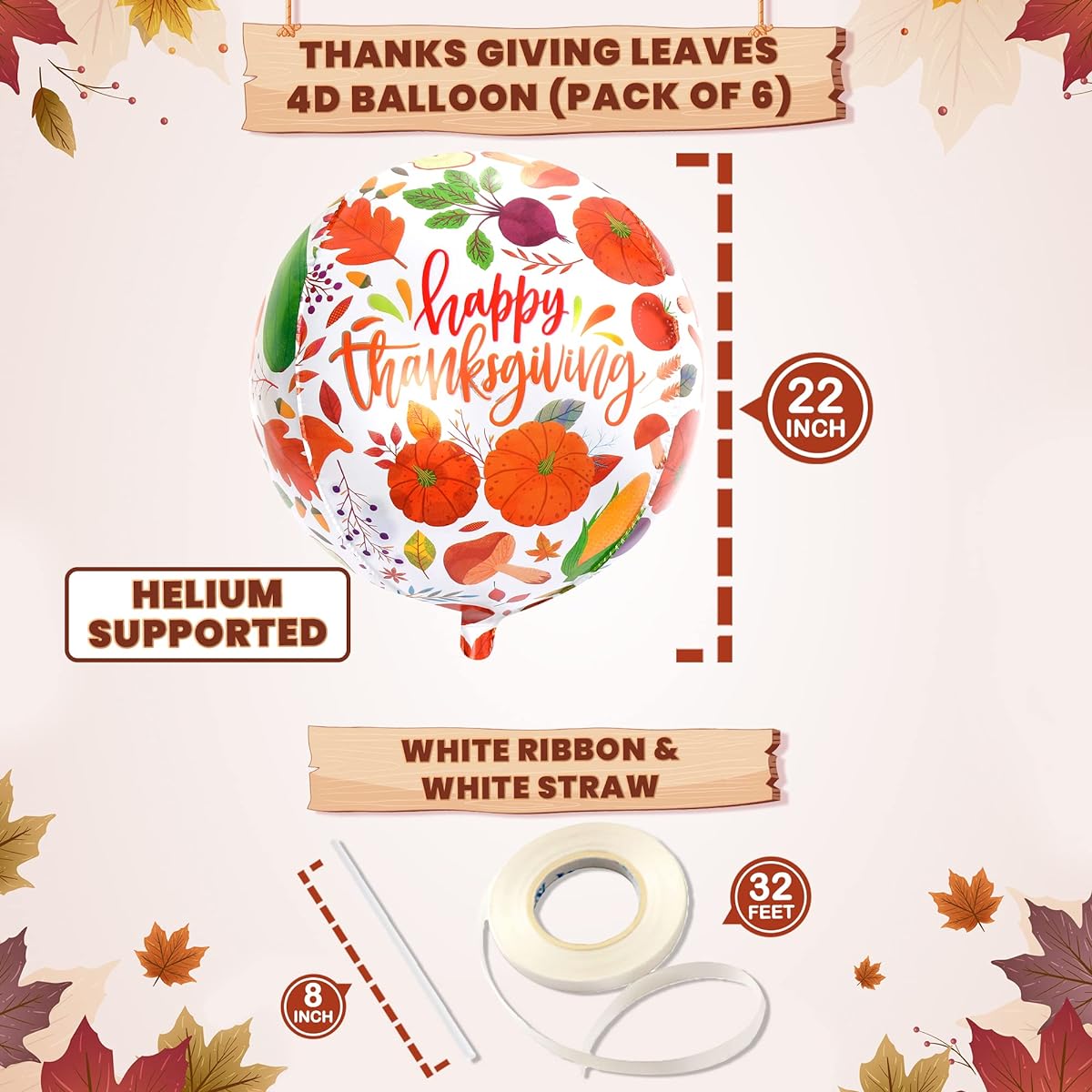 Large Thanksgiving Leaf Balloons - 22 Inch 6 Pack | Happy Thanksgiving Foil Balloons for Thanksgiving Decorations | Fall Turkey Mylar Balloons | Maple Leaf Decorations