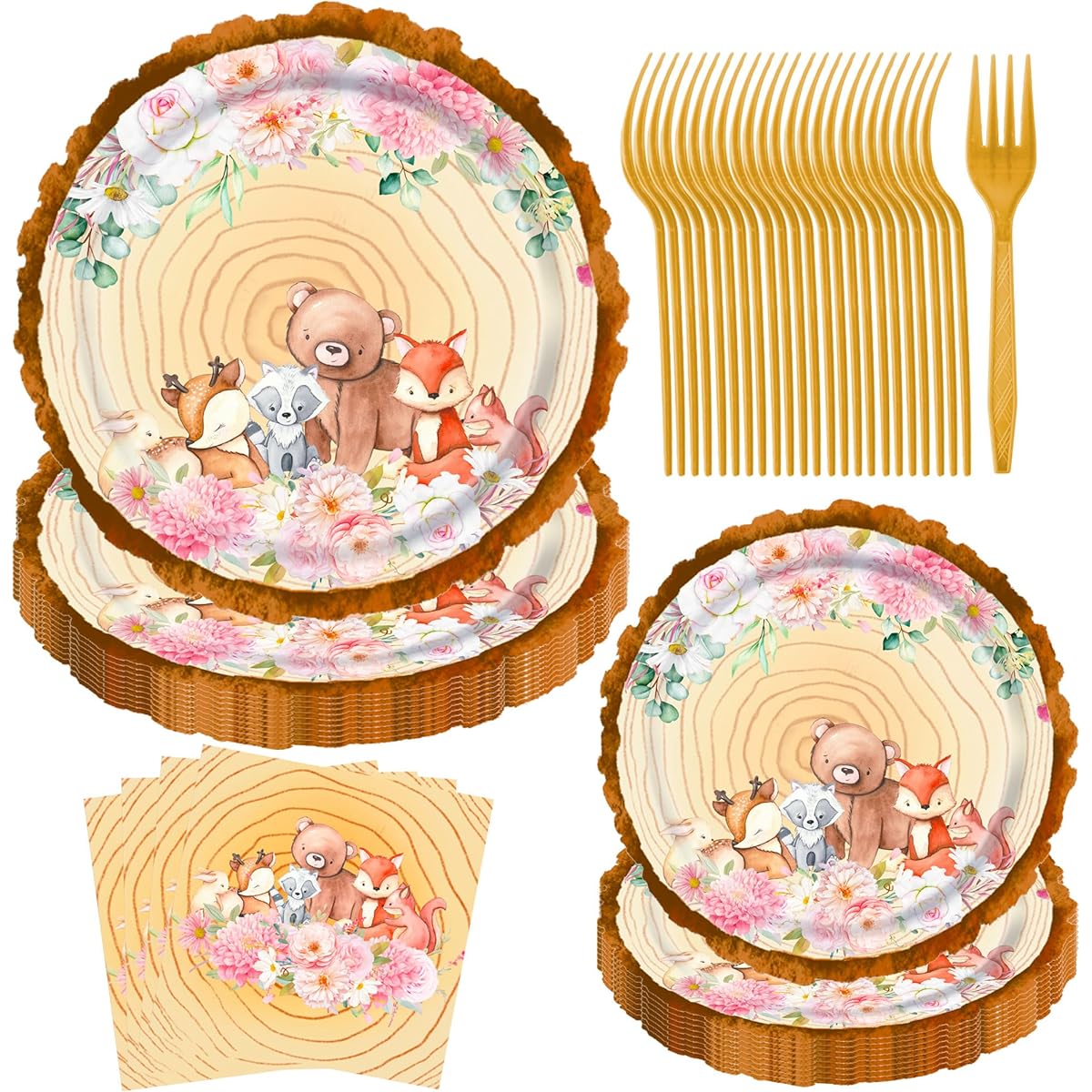Woodland Baby Shower Decorations, 96 Pieces Woodland Bear Baby Shower Plates and Napkins Set, Woodland Animals Friends Theme Decor, Safari Baby Shower Birthday Party Supplies for Boys & Girls, Serves 24 Guests
