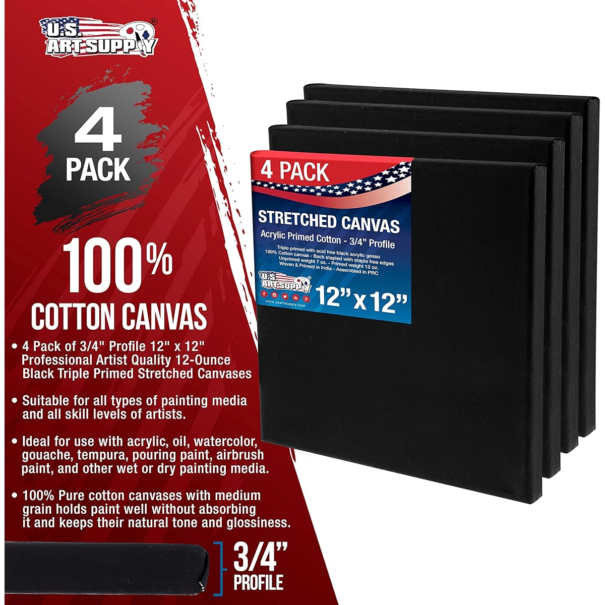 US Art Supply 12" x 12" Black Professional Quality Acid Free Stretched Canvas 4 Pack - 3/4 Profile 12oz Primed Gesso - (1 Full Case of 4 Single Canvases)