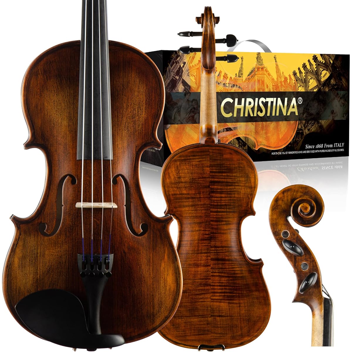 Christina MUSE Violin Full Size Accessories Fully Handmade Solid Wood Original Sound Violin (MUSE - Matte - 3/4)