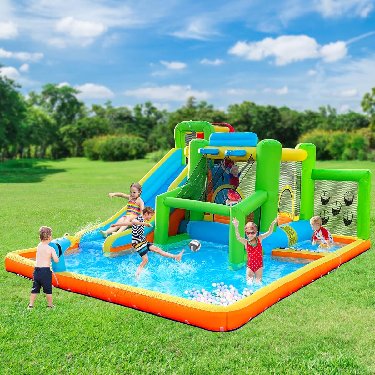 FBSPORT Inflatable Water Slide Bouncy Castle for Kids 10 in 1 Water Park Bounce House Slide Jumping Area Climbing Wall Water Cannon Splash Pool 550W Air Blower for Indoor/Outdoor Use