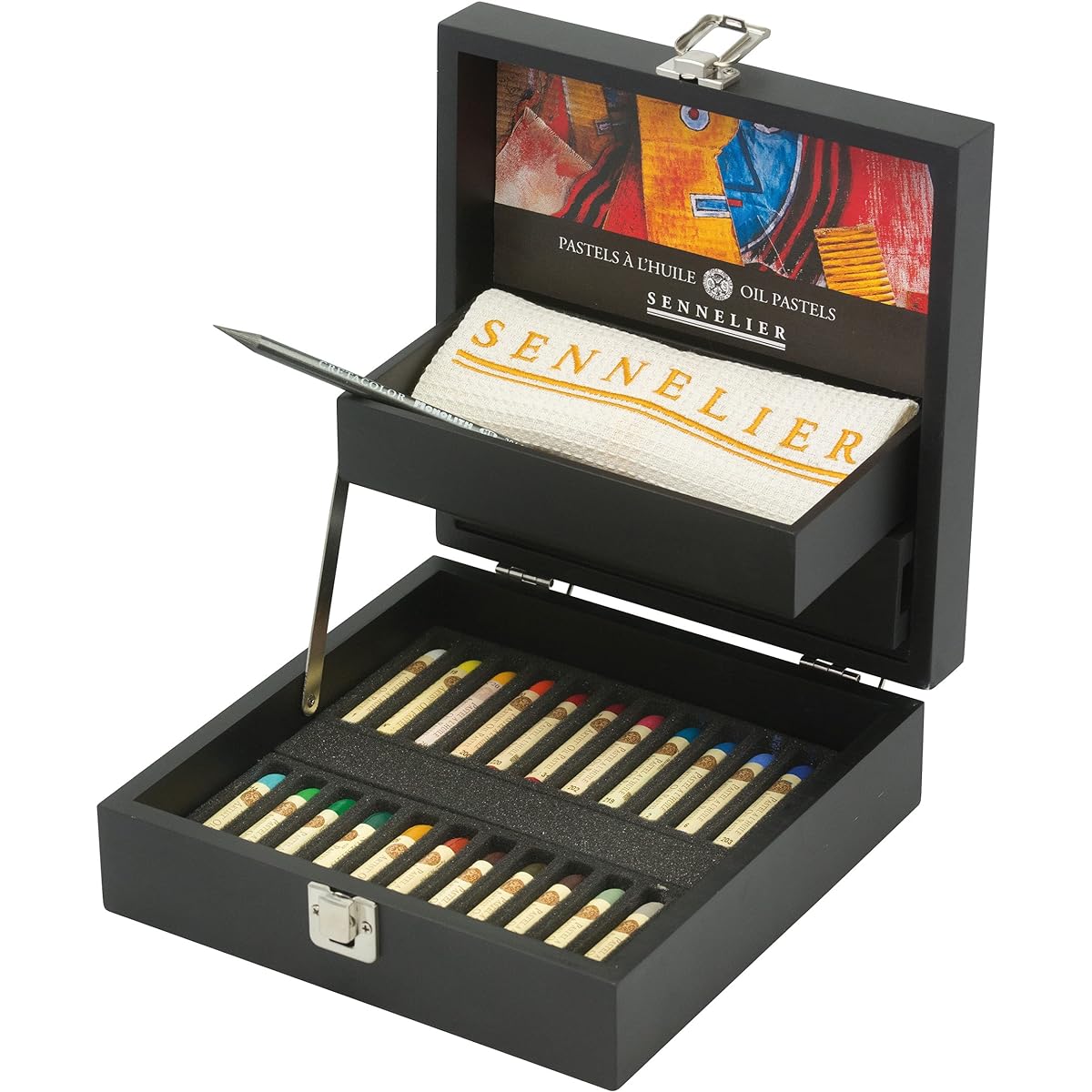 Sennelier Oil Pastel Set in an elegant black wooden box 24 colors of Sennelier oil pastels, embroidered cloths and graphite sticks