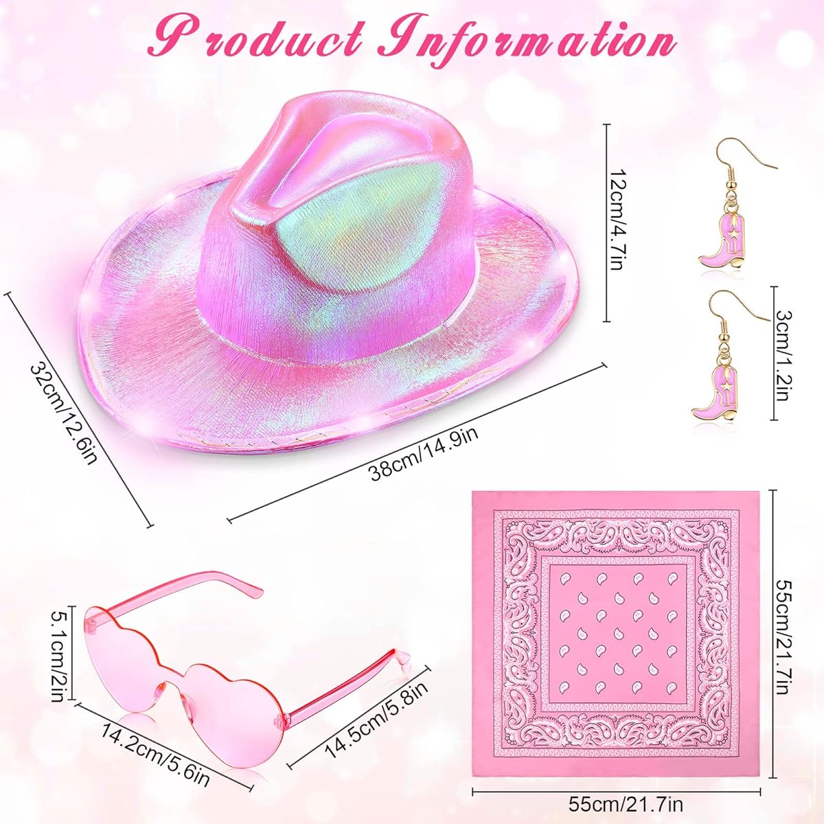 SATINIOR 4 Pack Light Up Cowboy Hat Pink Bandana Boots Cowgirl Earrings Heart Sunglasses Western West Jewelry Fancy Dress Costume Multicolor