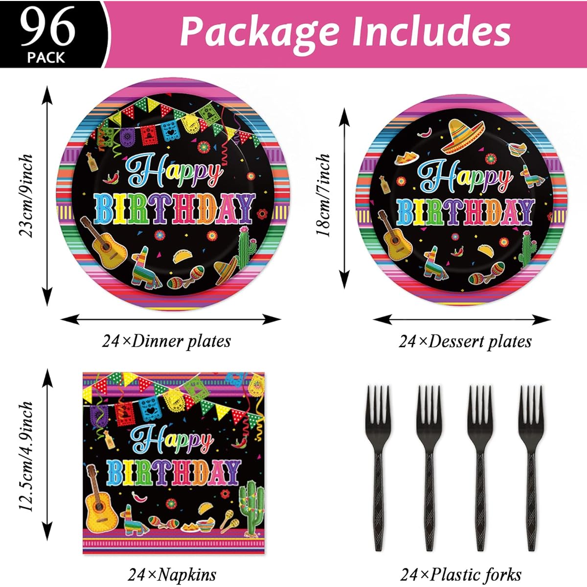 Mexican Fiesta Happy Birthday Party Supplies Mexican Tableware Set Happy Birthday Plates Napkins Fiesta Disposable Paper Tableware Kit Birthday Party Decorations Birthday Party Favors for 24 Guests