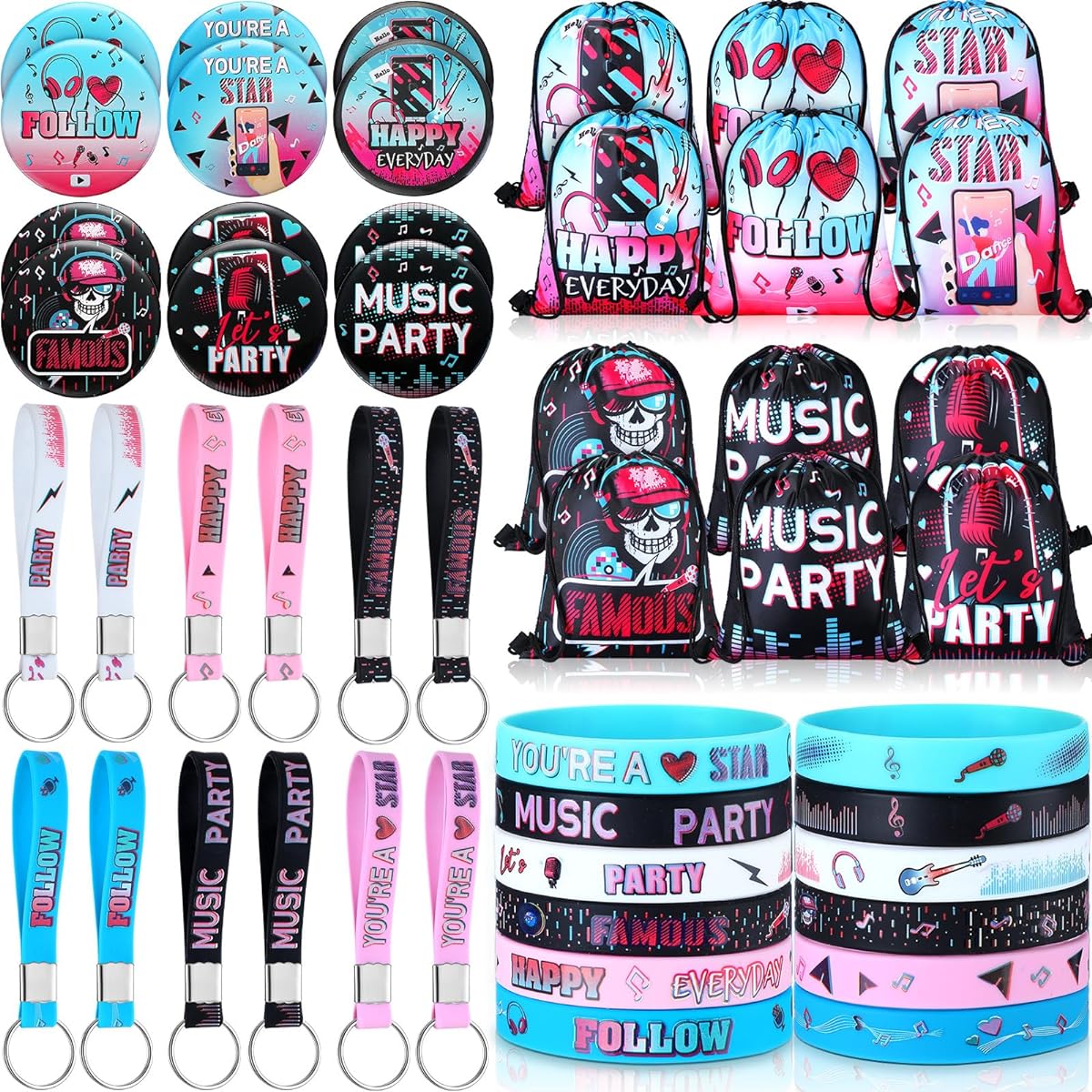 Sanwuta Music Party Favors, 48 Pieces Party Music Birthday Party Favors, 12 Music Party Drawstring Bags, 12 Rubber Bracelets, 12 Key Chains, 12 Button Pins, Music Theme Birthday Supplies