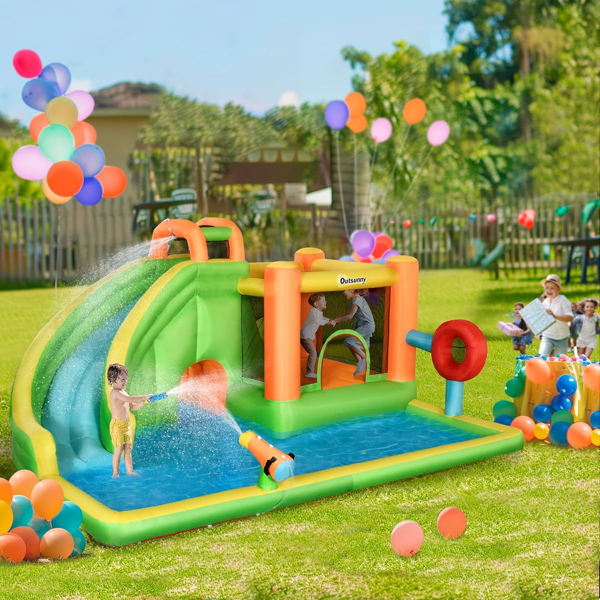 Outsunny 7-in-1 Backyard Inflatable Bounce House with Pool Sports, Water Guns and More, Inflatable Water Slide for Kids, 2 Minute Inflatable, Large Outdoor Games for Birthday Party Activities