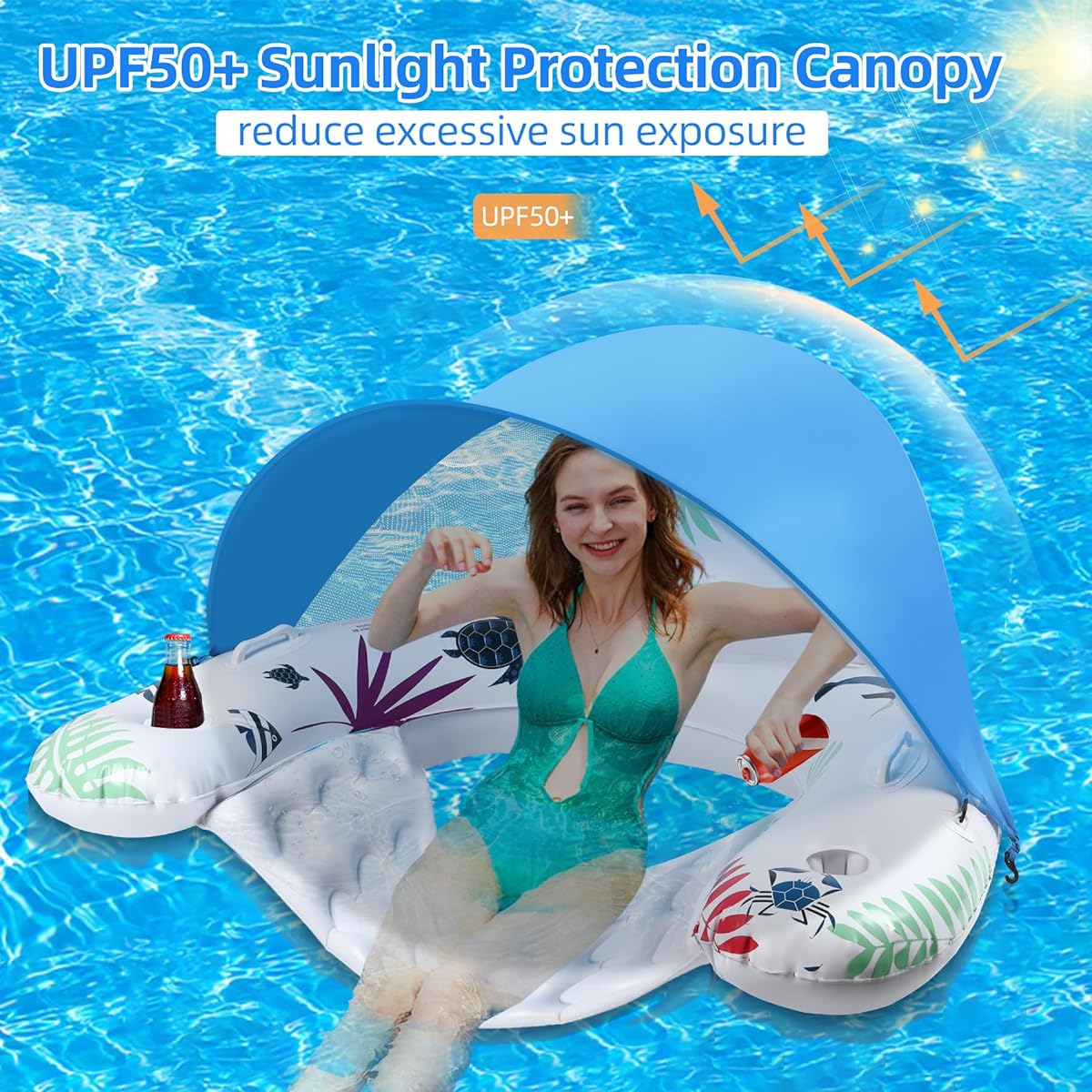 Sinbyuer Inflatable Lounge Pool Chair with Canopy, Adult Lounge Float with Adjustable Sun Shade Cover and Cup Holder