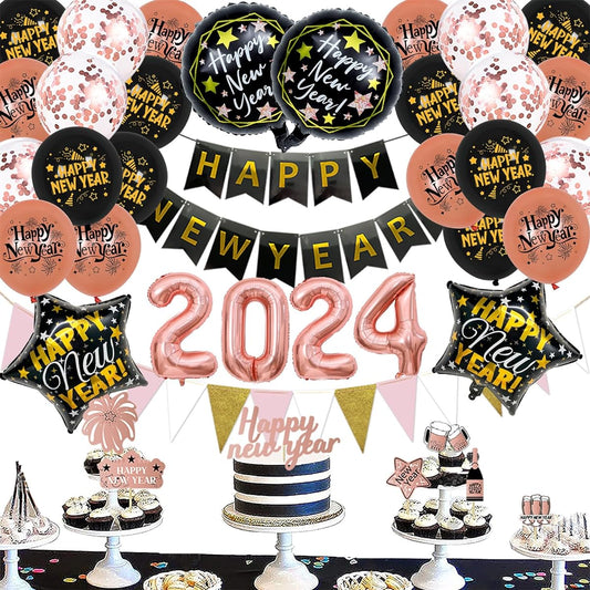 2023 New Year's Eve Party Decorations Rose Gold Happy New Year Decorations Happy New Year Banner 32" 2023 Balloons Star Heart Foil Balloons Latex Confetti Balloons NYE Party Supplies
