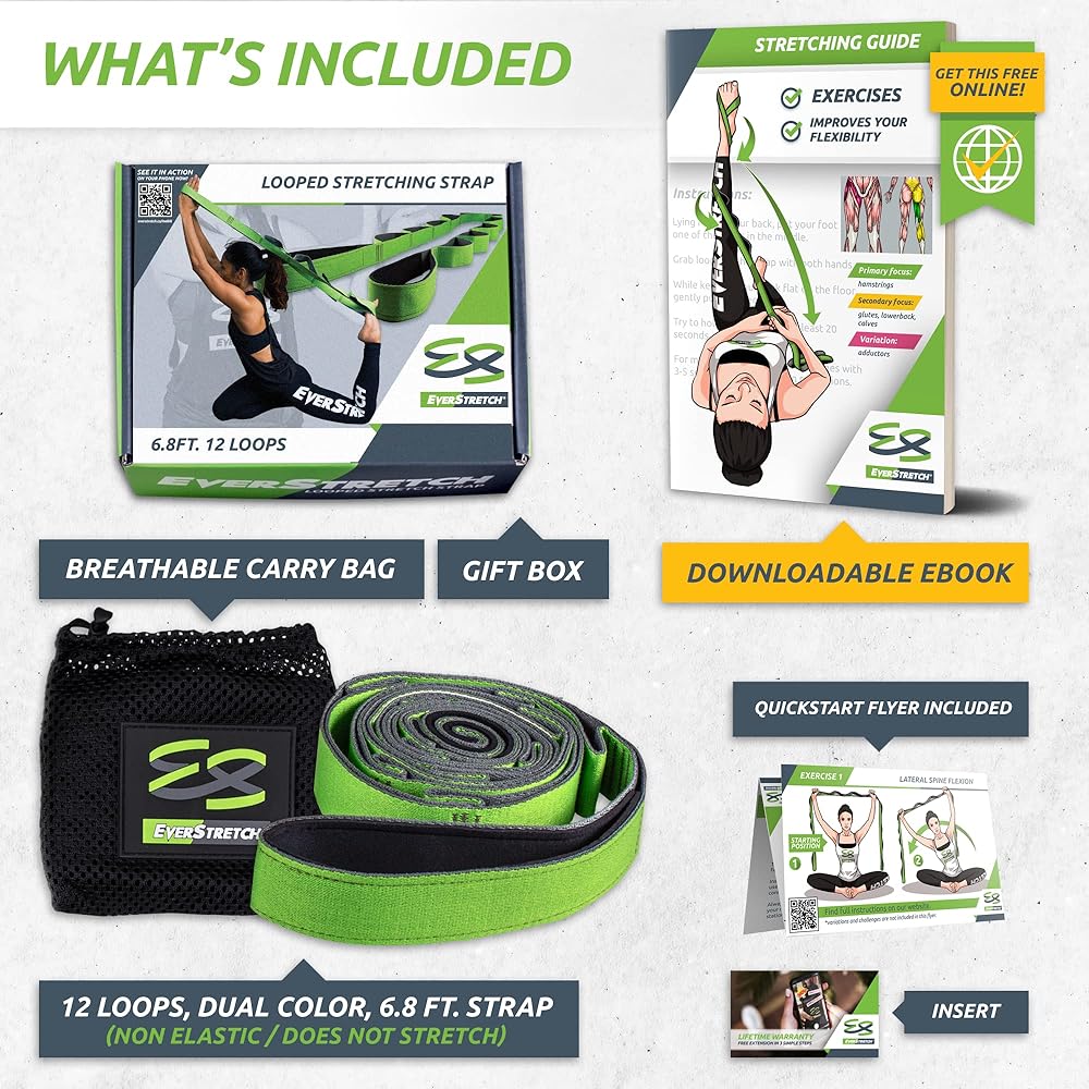 EverStretch Stretch Straps with Loops and Ebook | Non-Stretch Yoga Straps for Stretching with Loops | Premium Stretch Bands for Physical Therapy Equipment | Stretch Bands for Exercise Straps