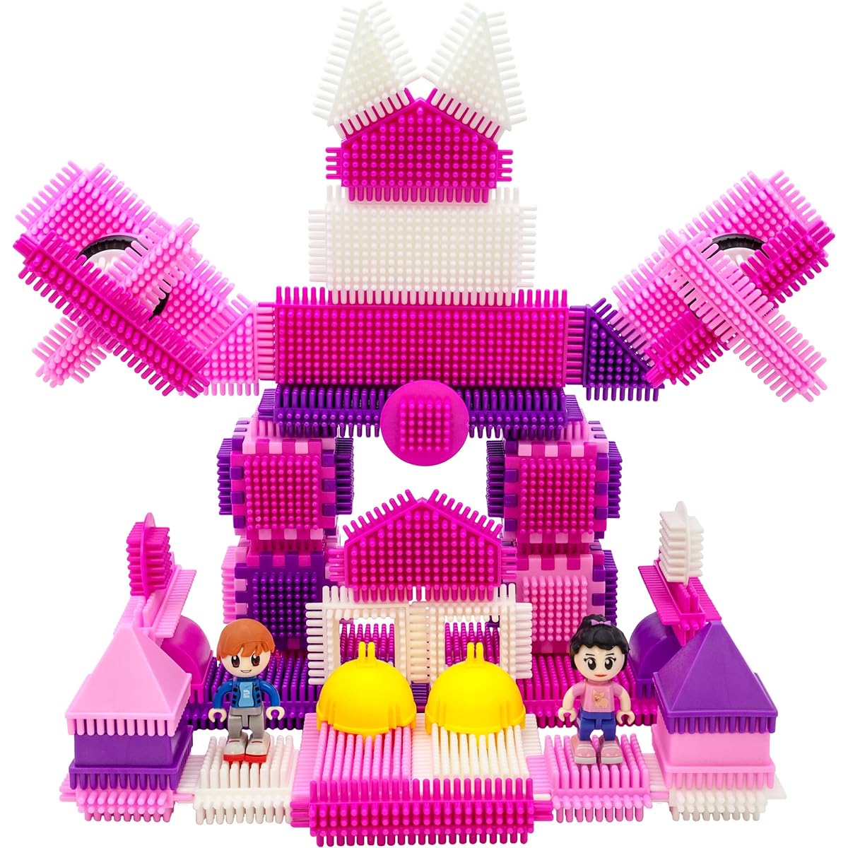 PicassoTiles () PTB106 106 Piece Brush Shape Blocks Construction Tiles Pink Castle Theme Set with Human Figures Learning Playset STEM Toy Educational Kit Promotes Children's Brain Development for Preschoolers and Kindergarteners, Multicolor