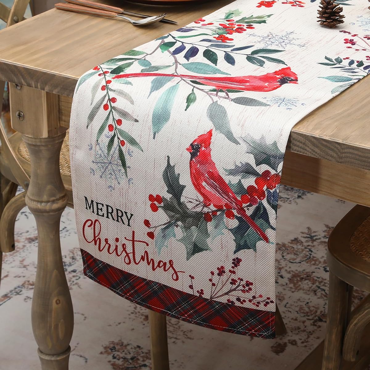 Christmas Table Runner Christmas Cardinal and Pine Table Runner 89 Inches Length Kitchen Dining Christmas Table Decoration Indoor Outdoor Home Party Decor