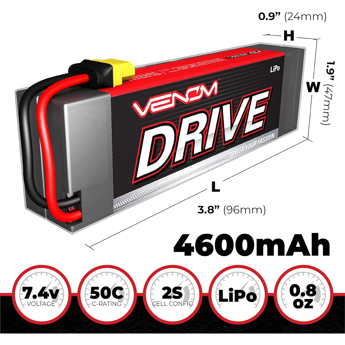 Venom Drive Series 50C 2S - 4600mAh 7.4V LiPo RC Battery - Universal 2.0 Plug Lithium Polymer 2 Cell - Soft Silicone Connector & XT60 Compatible with Traxxas Deans EC3 2WD 4WD Trucks & Buggies