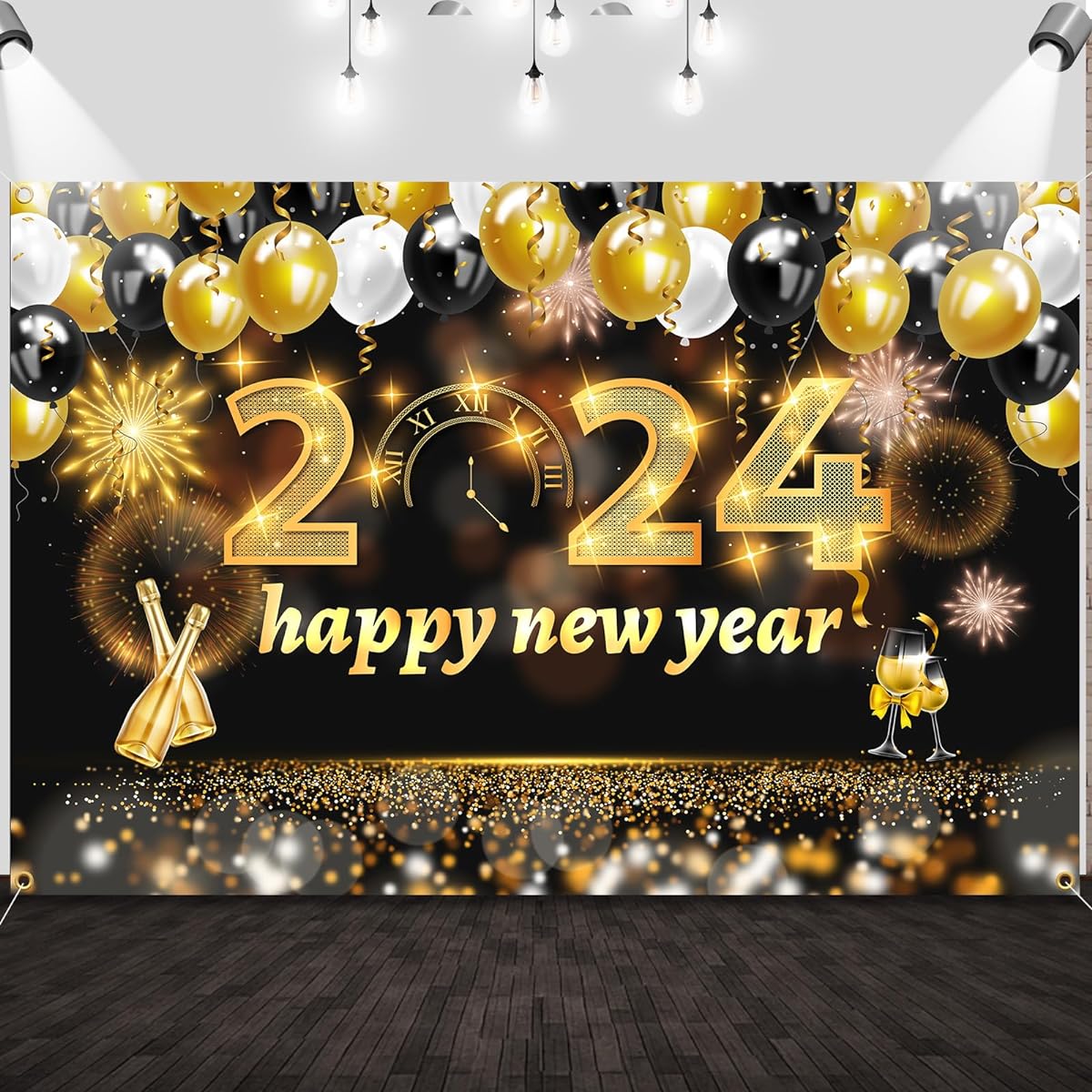 POILKMNI Extra Large 2024 Happy New Year Banner - 6x4ft New Year Banner Happy New Years Decorations 2024 2024 New Year Photo Background Black New Year's Eve Banner New Year's Eve Party Supplies