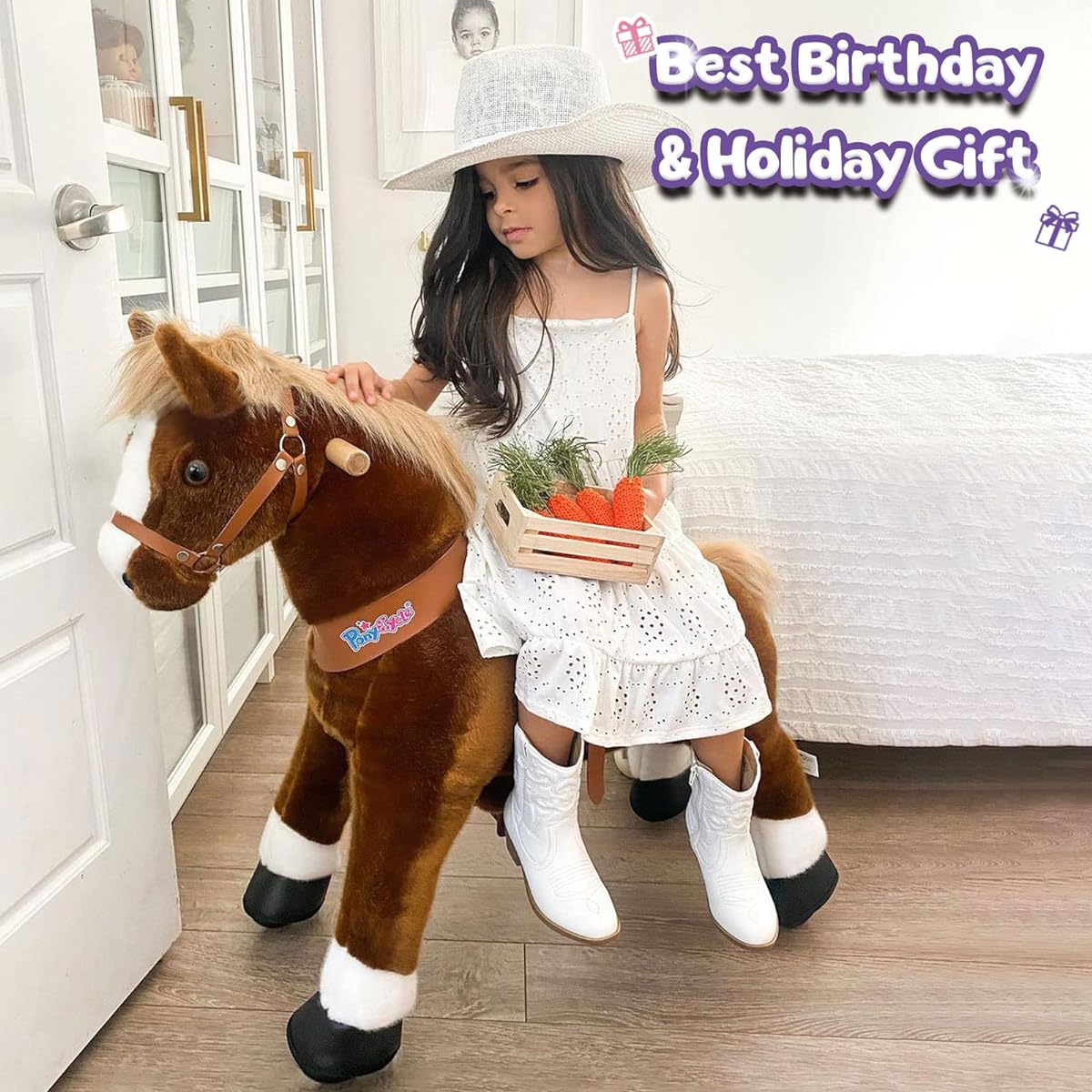 PonyCycle Ride-On Toy Classic Model U-Brake, Sound & Pedal Pad Mechanical Pony Brown Giddy up Pony Stuffed Animal Walking Animal Size 5 Ages 7+ - Ux524 with Brown Pedal Pad