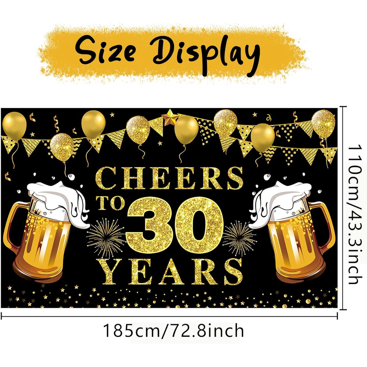 Happy 30th Birthday Banner Decorations Black Gold Cheers to 30 Years Backdrop Party Supplies 30th Anniversary Photo Booth Poster Sign Decorations (72.8 x 43.3 Inch)