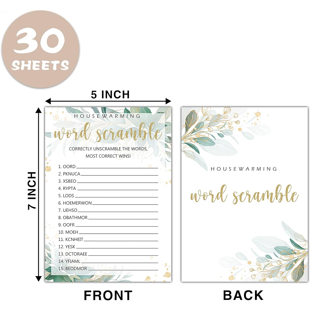Housewarming Party Game, Word Scramble Game, Greenery Floral Golded Fun New Home, New House, New Home Owner Party Game Cards, 30 Cards Each Pack