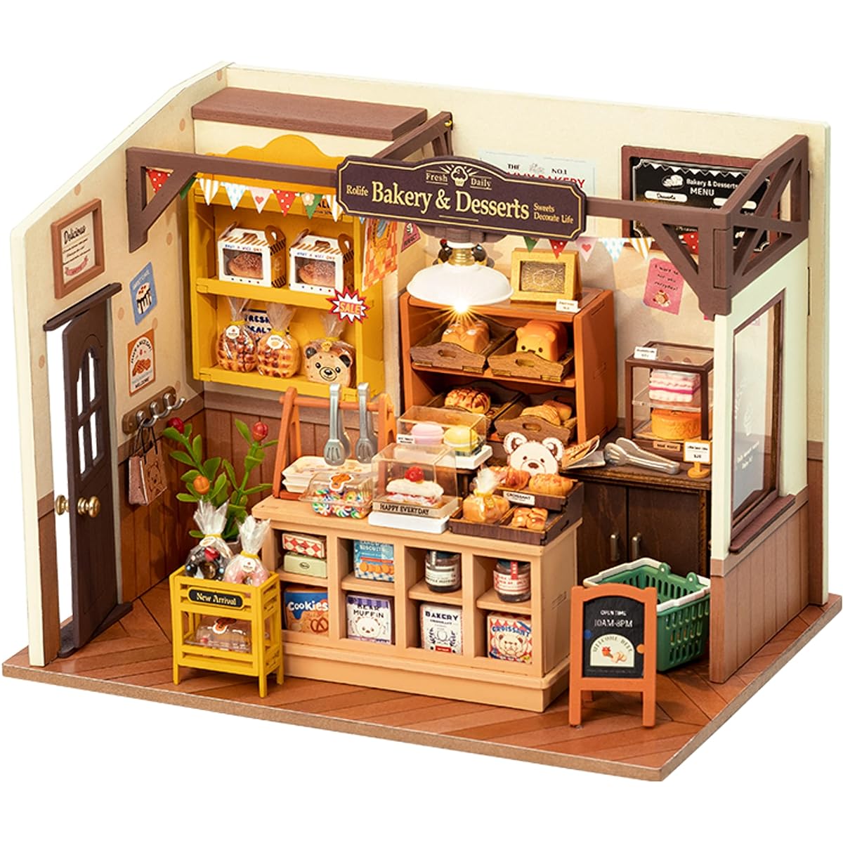 Rolife Miniature House Kit Dollhouse Becca's Baking House Bakery DIY 3D Puzzle LED Handmade Kit Assembly Wooden Puzzle Woodcraft Illustrated Instruction Manual Included Official Sales For Kids and Adults Interior Accessories Time Killer Perfect Gift