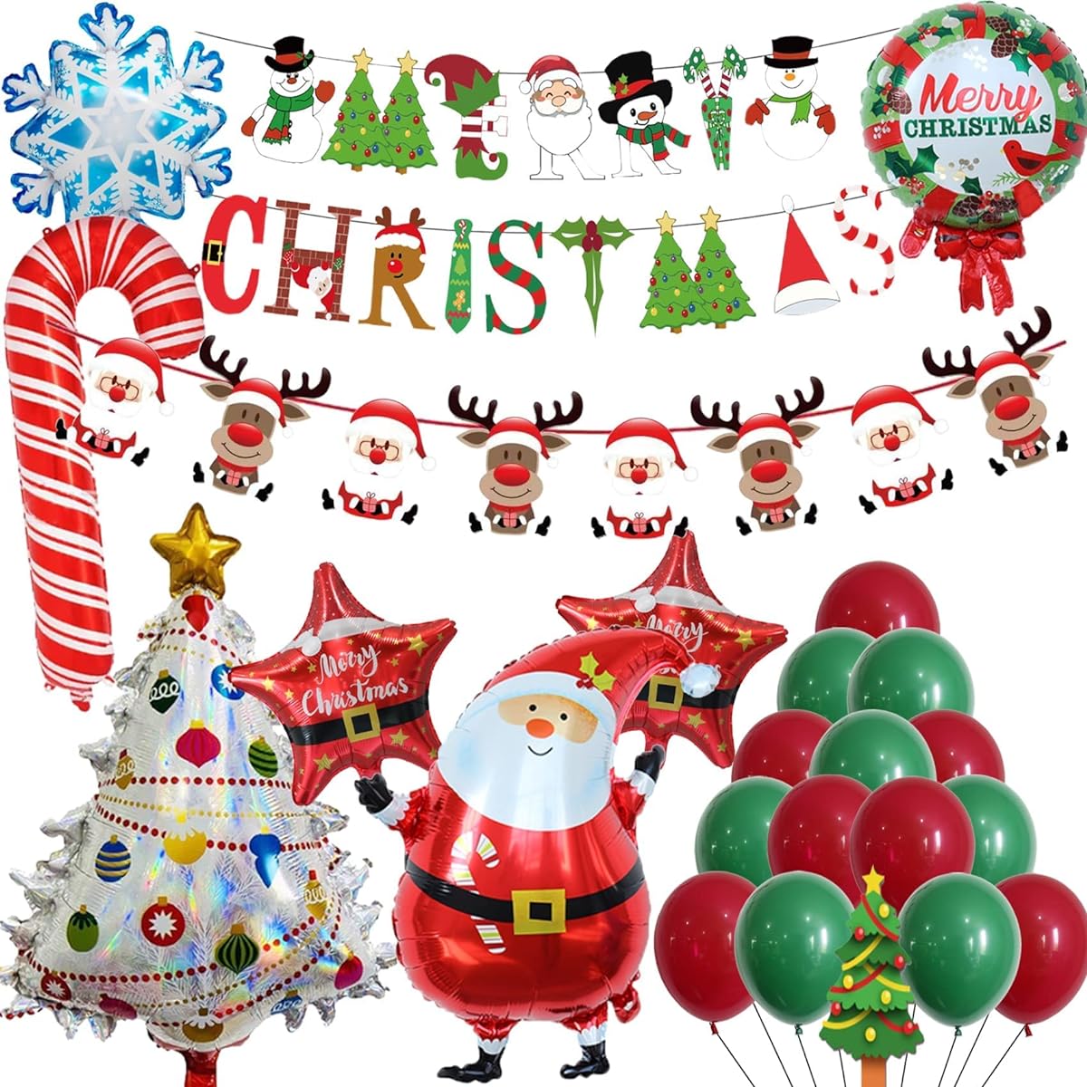 NANINUNENO Christmas Balloons Decoration Supplies Merry Christmas Banner Santa Claus Christmas Tree Candy Cane Snowflake Garland Arch Foil Balloons Red Green Latex Balloons Christmas Indoor Party Decorations