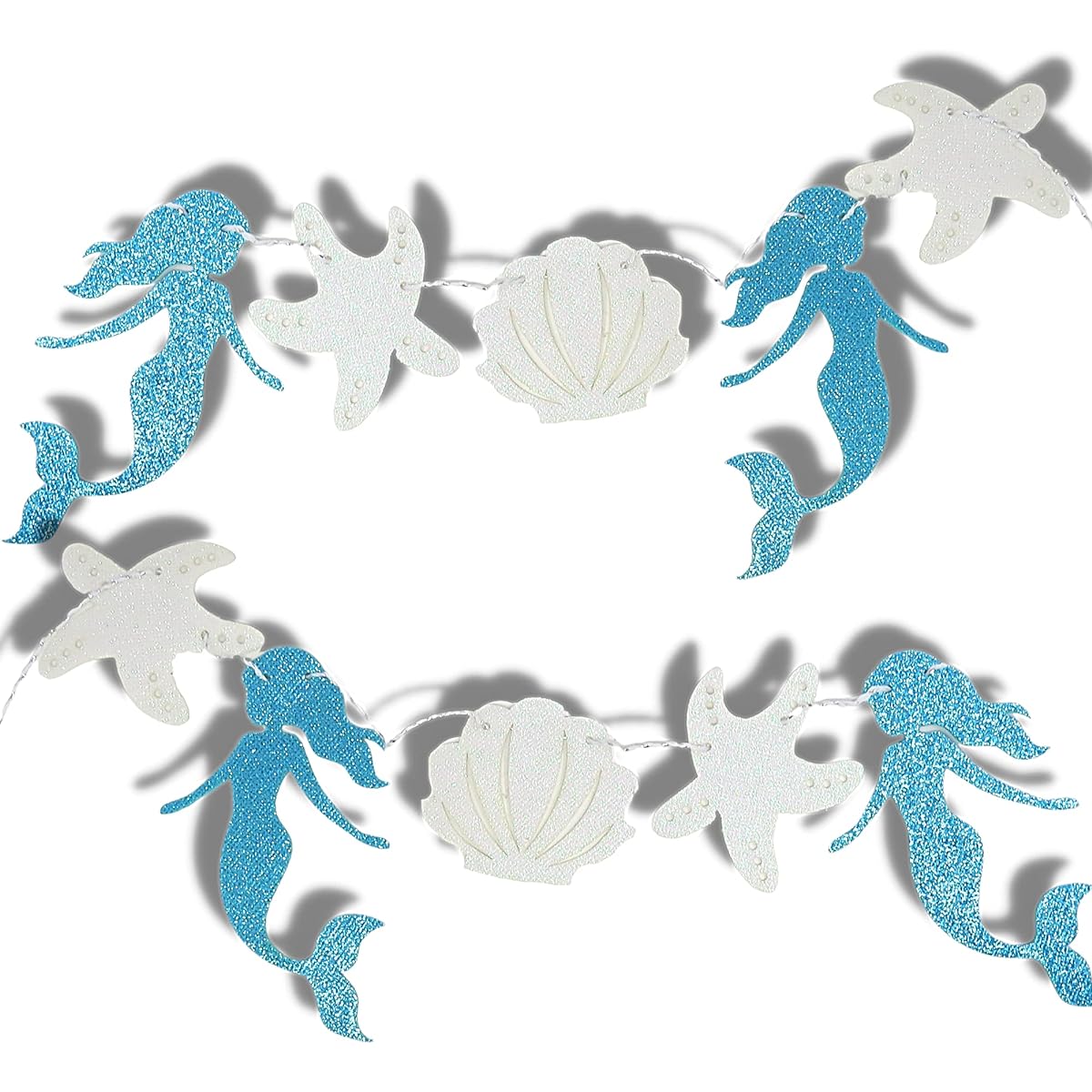 Needzo Mermaid Party Decoration Garland, Blue and Silver Tone Glitter Seashells Beach Theme Hanging Decorations for Party, 98.5" Long