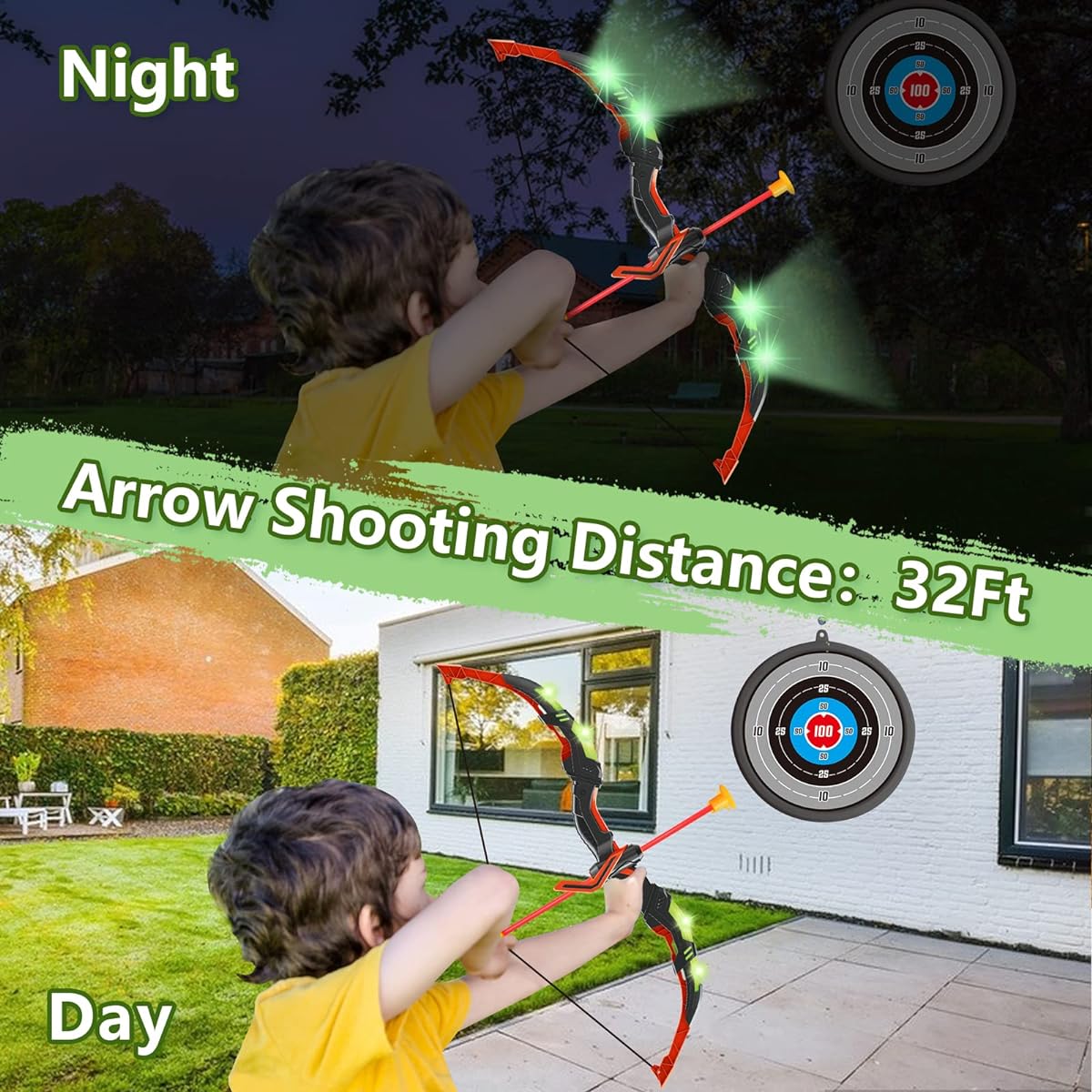 Bow and Arrow for Kids, 4-6 Years Old, Kids Archery Set with 2 LED Light Up Bows