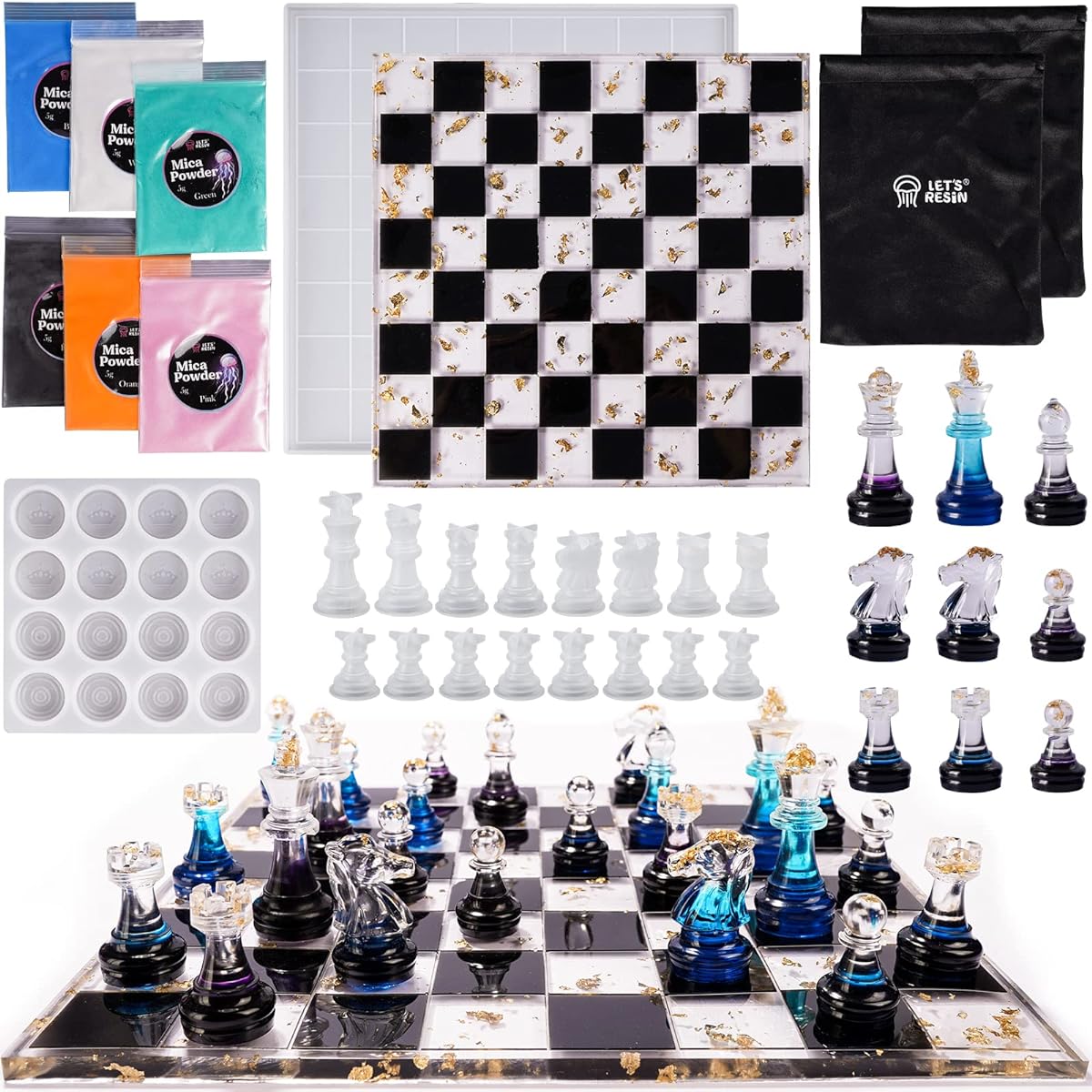 LET'S RESIN Chess Mold for Resin Casting, Upgraded Resin Chess Set Mold, 3D Full Size 16 Chess Checkers & Chess Board Epoxy Silicone Resin Mold DIY Chess Board Game Christmas Gift