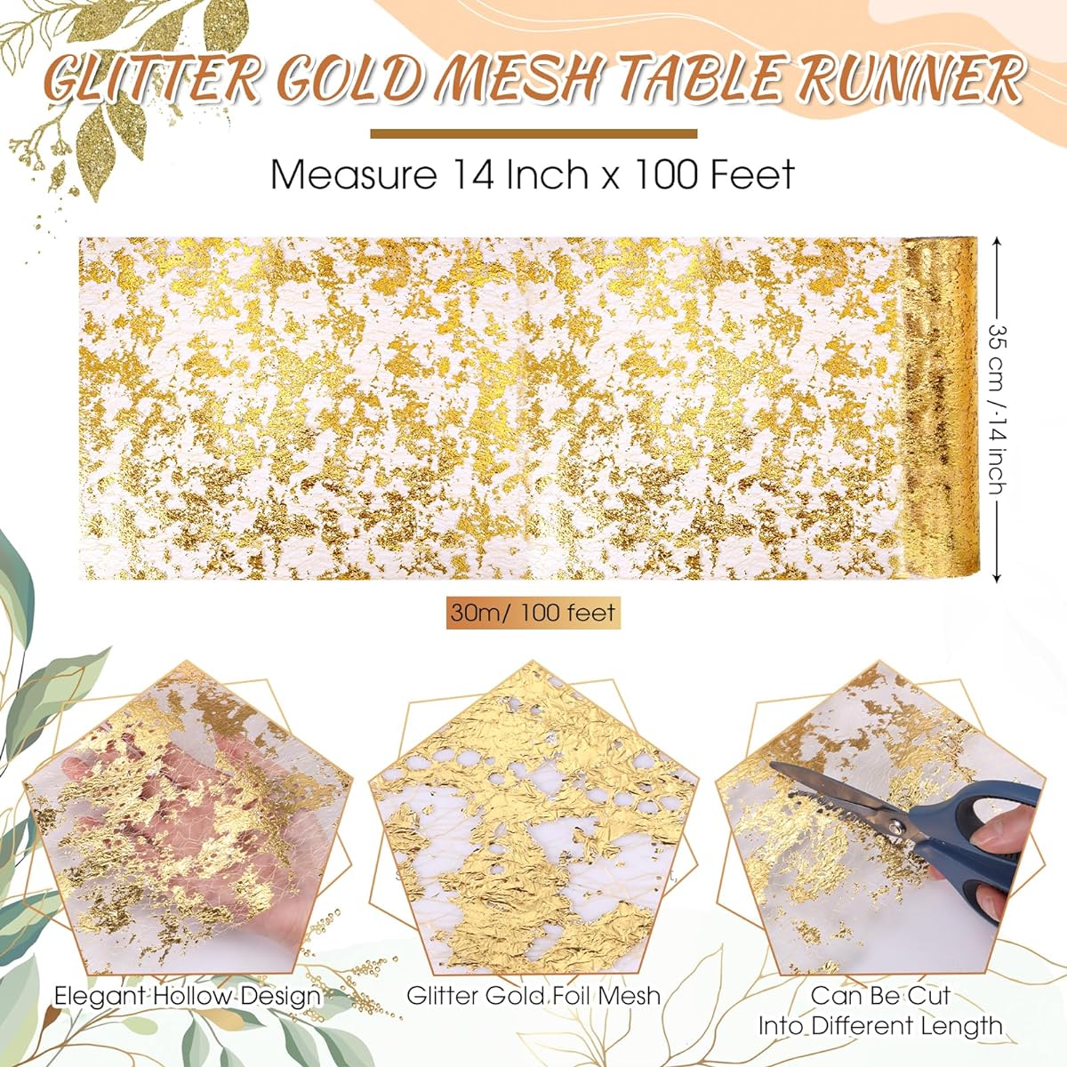Gold Table Runner 14" Wide Sequin Glitter Table Runner Roll Metallic Mesh Gold Fabric Table Decor Centerpiece Decorations Christmas Wedding Birthday Supplies (2 Rolls 50 Feet)