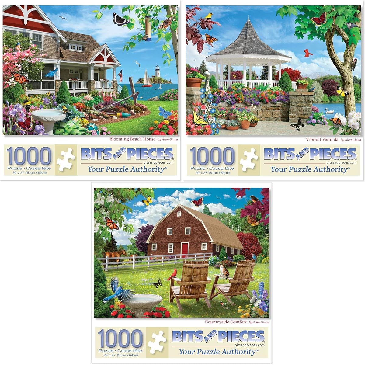 Bits and Pieces - Value Set of 3 1000 Piece Jigsaw Puzzles for Adults - Each Puzzle Measures 20" x 27" - 1000 Piece Vibrant Country Comfort, Blooming Beach House Jigsaw by Artist Alan Giana
