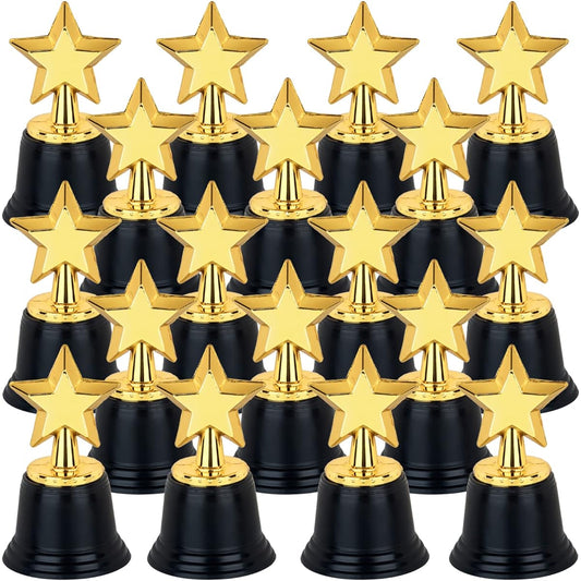 24 Pack Mini Star Trophy Awards Bulk (4.5 Inch) Plastic Gold Star Trophies for Halloween Party Favors, Goodie Bags, Kids Classroom School Rewards, Sports Tournament Winner Giveaways, Hollywood Event Props