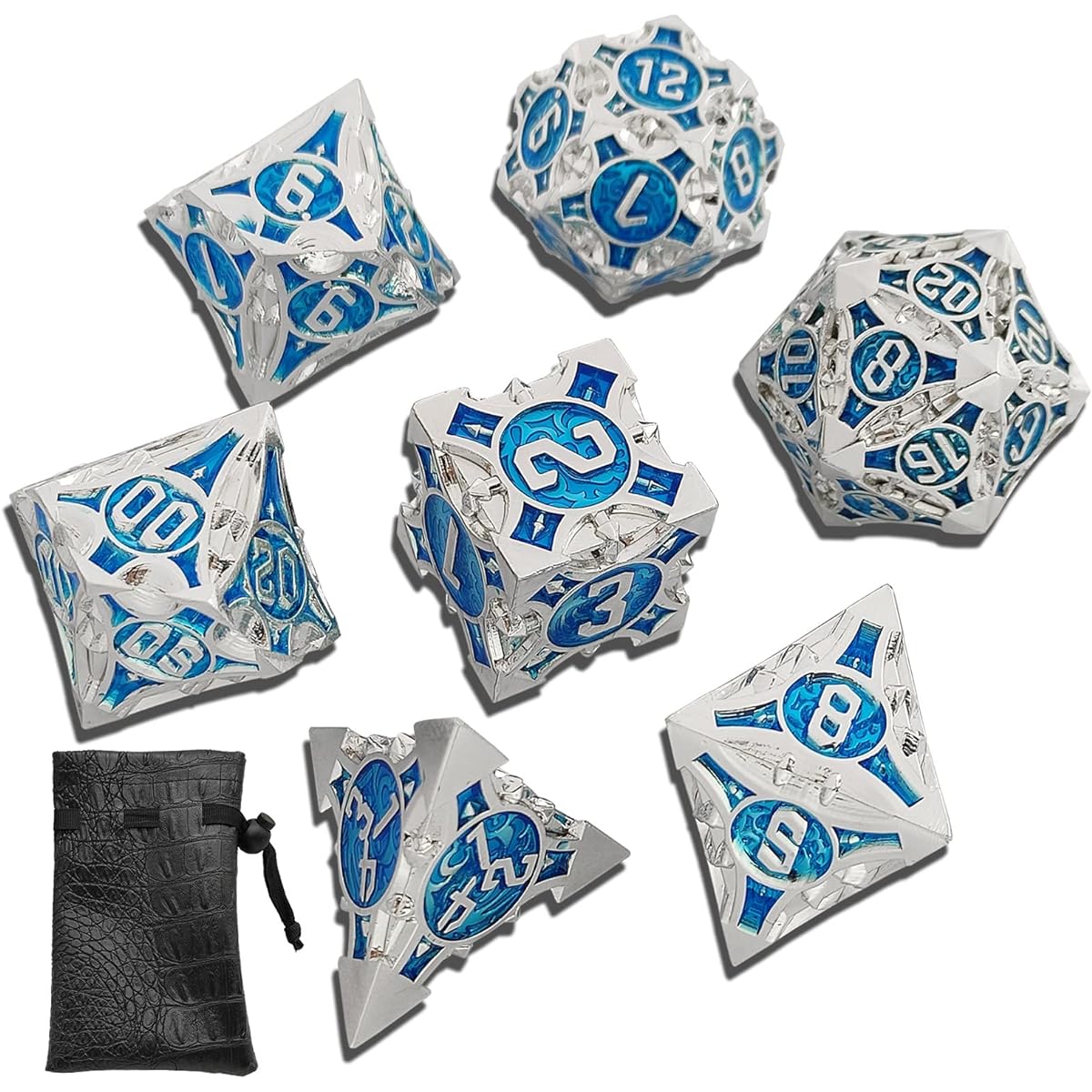 AJKDEUIH Metal D&D DND Dice Set Dungeons & Dragons Gift Polyhedral D20 Pathfinder TTRPG MTG Role Playing Warhammer Role Playing Dice D6 Side Dand D Dice Table Game Silver Blue