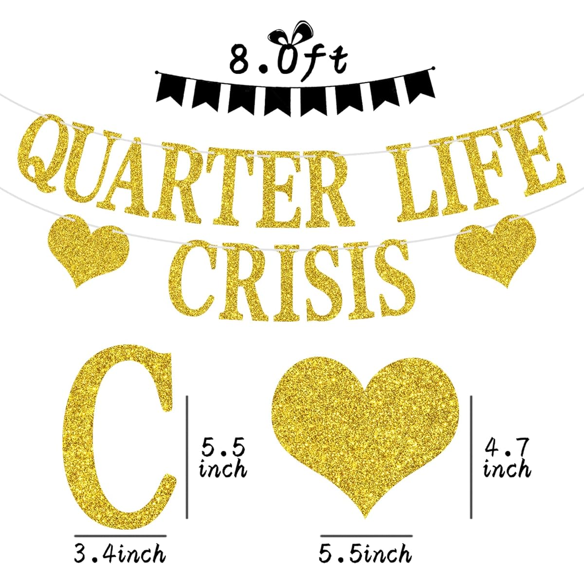 Quarter Life Crisis Banner, Fun Birthday Bunting Banner, Happy 25th/30th Birthday Party Decorations Supplies, Birthday Party Backdrop, Gold Glitter