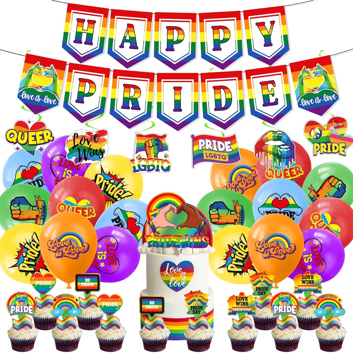 Jiudungs Happy Pride Decoration Set LGBTQ+ Gay Pride Banner Balloons Cake Topper Hanging Swirls Pride Day Moon Parade Rainbow Party Decorations Supplies