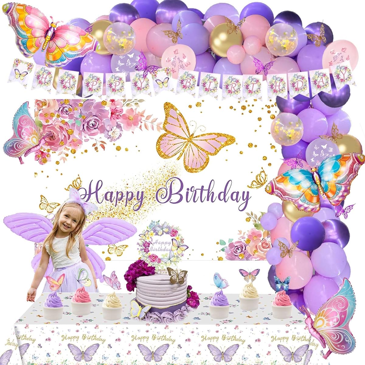 157 Pieces Butterfly Party Decorations Hombae Butterfly Birthday Decorations Backdrop Balloon Garland Banner Tablecloth Cake Cupcake Toppers 3D Butterfly Dress Up Butterfly Wings Balloons Floral Purple