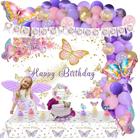 157 Pieces Butterfly Party Decorations Hombae Butterfly Birthday Decorations Backdrop Balloon Garland Banner Tablecloth Cake Cupcake Toppers 3D Butterfly Dress Up Butterfly Wings Balloons Floral Purple
