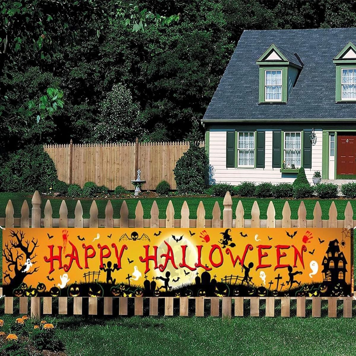 Happy Halloween Backdrop Banner Orange Black Halloween Party Decorations Halloween Yard Sign Banner Halloween Party Decor Sign Backdrop Wall Yard Decor Indoor Outdoor Party Supplies