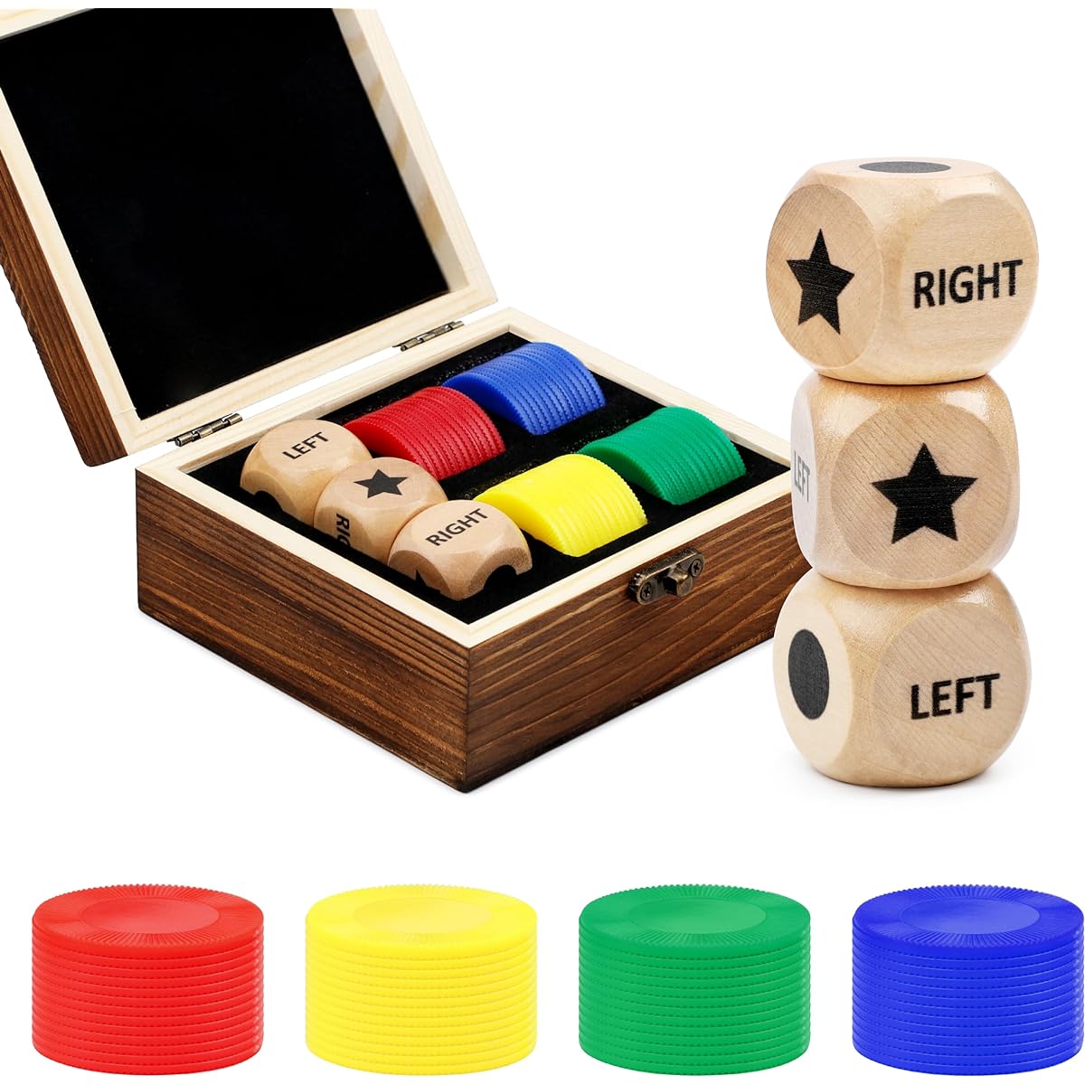Left Right Center Dice Game Set includes 3 1 inch wooden dice and 48 chips in a wooden box. Easy to carry and transport.