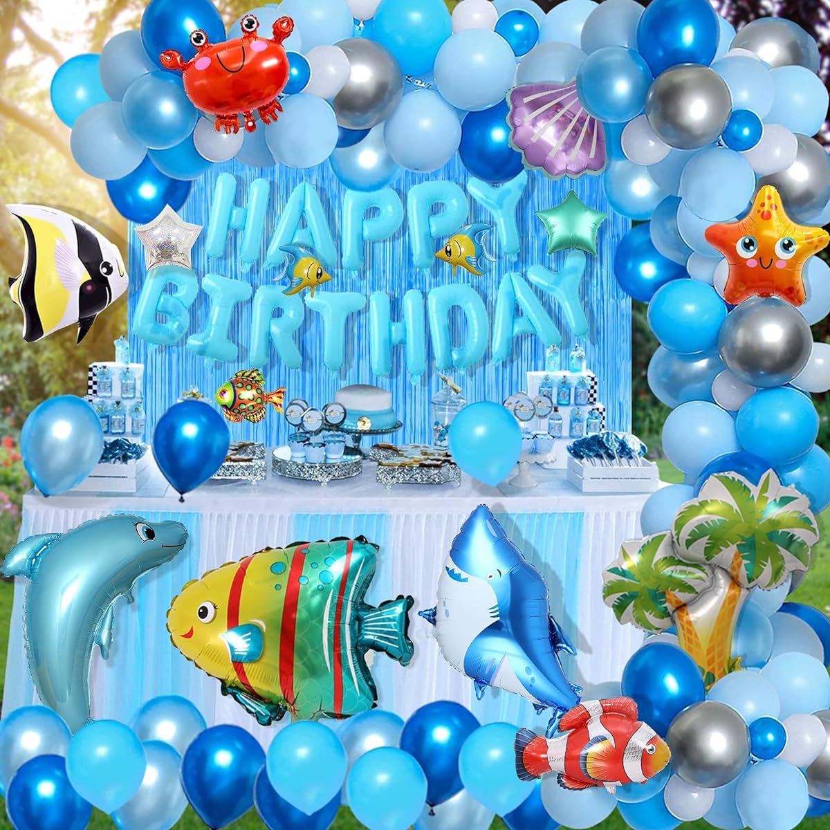 Marine Theme Balloon Garland Arch Kit with Blue Backdrop Birthday Party Decorations for Kids Dolphin Shark Balloons Party Supplies Perfect for Home and Outdoor