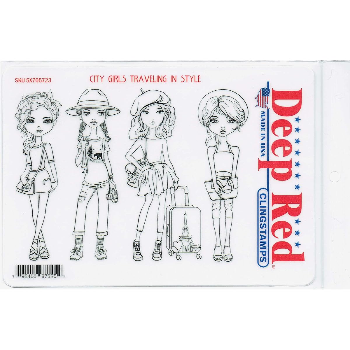 Deep Red Cling Stamp 4"X6"-City Girls Traveling In Style