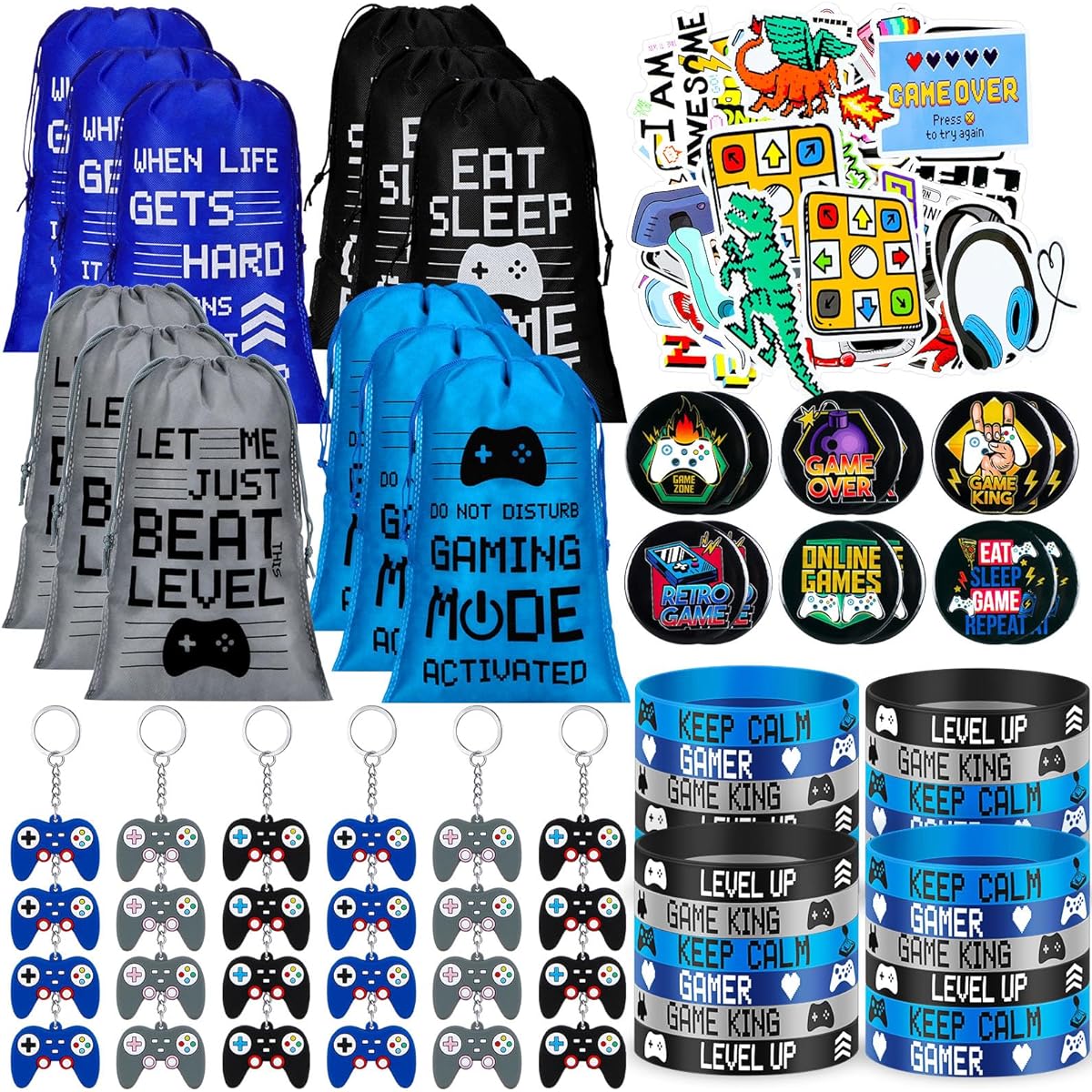 Video Game Party Favors Party Supplies Party Favor Bags with Drawstring Bracelets Video Game Controller Keychains Button Pins Game Stickers for Kids Gamer Birthday Decorations (Cool Style, 122 Pieces)