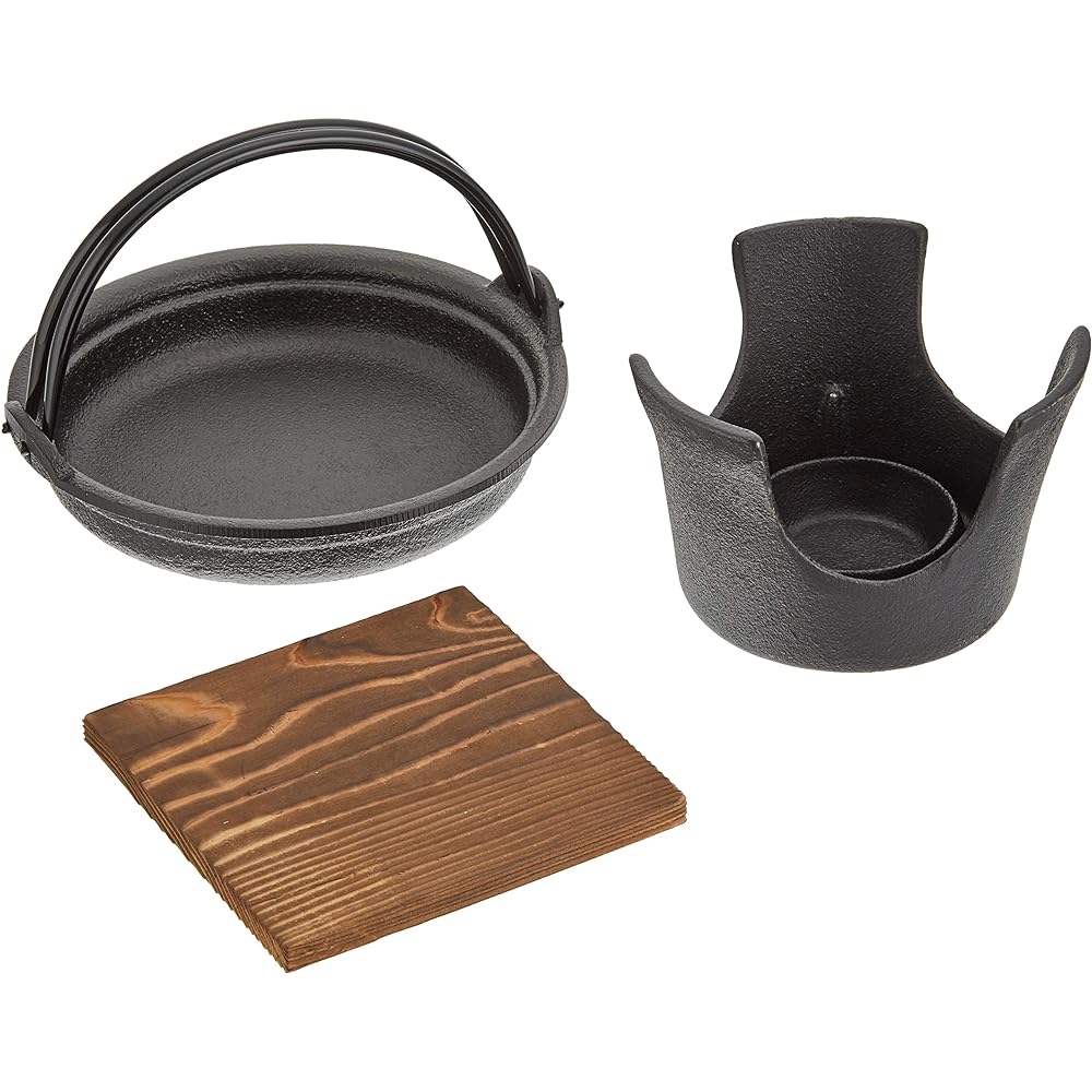 Asahi Iron Nanbu Sukiyaki Pot Stove Set Cast Iron/Wood Stand: Natural Wood Japan QSK41