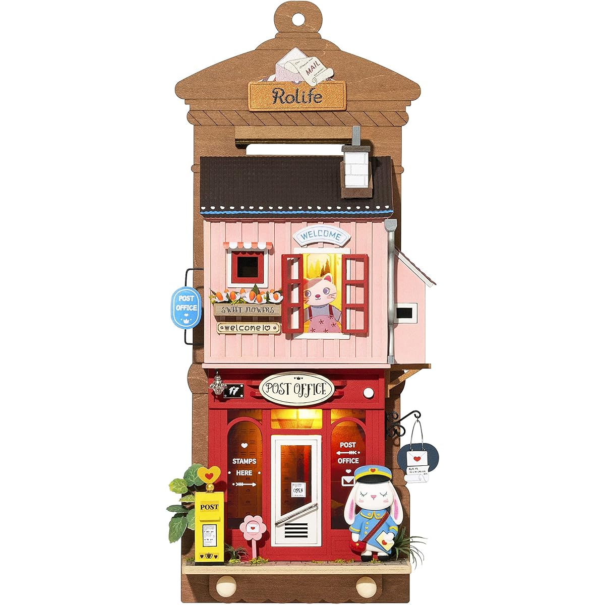 Rolife DIY Dollhouse Kit 3D Wooden Puzzle for Adults and Teens Desk Decoration Wall Decor Stand Up and Hang (Love Post Office)