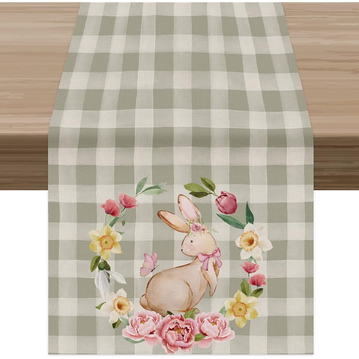 Celepaty Grey White Buffalo Checkered Rabbit Butterfly Flower Wreath Easter Table Runner Spring Easter Holiday Home Kitchen Dining Table Runner Decorations (13 x 72 Inch)